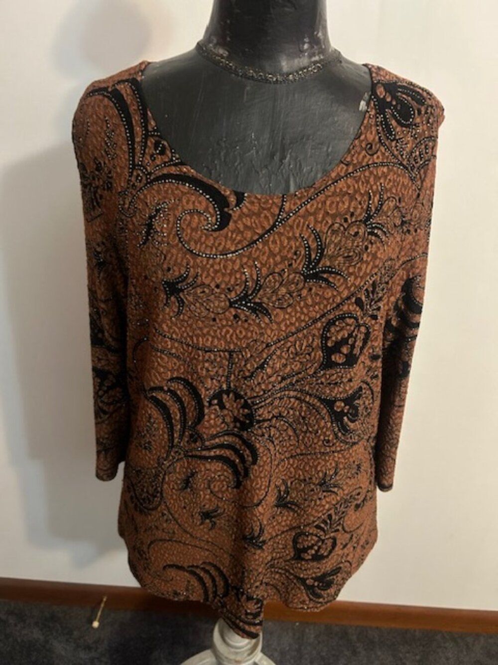 Brittany Black Woman Brown/Black embellished 3/4 sleeves top